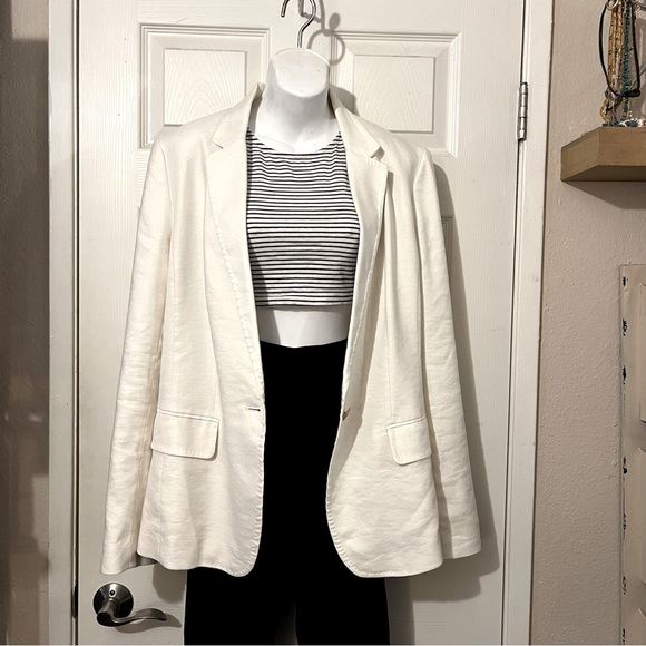 Ann Taylor Linen Blend Ivory Color Lined One Button Blazer Jacket Sz 14T - Picture 1 of 7